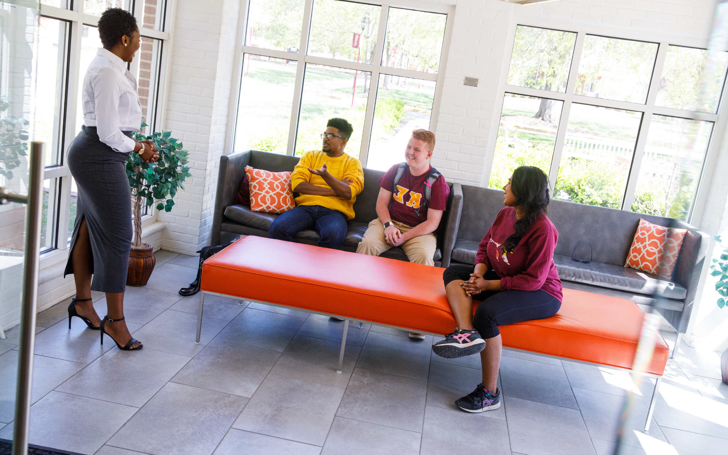 Washington College students sitting on a couch in the Center for Career Development